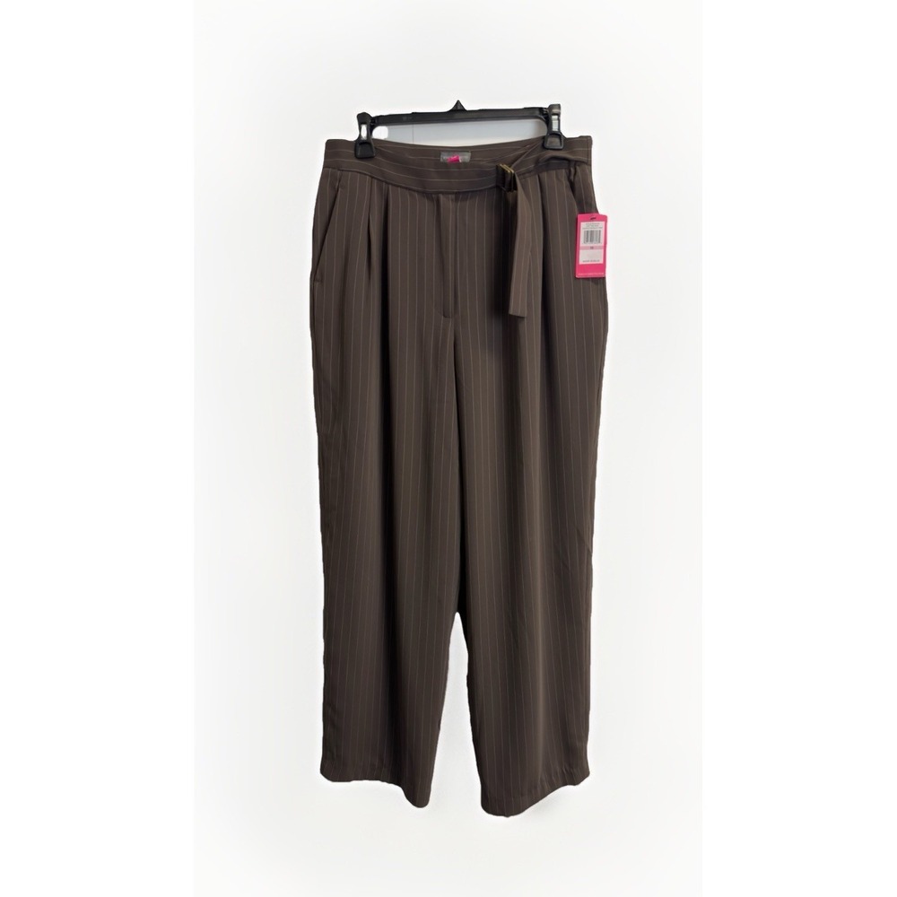 NEW Vince Camuto Women's Pleated Belted Trousers Size 10 Brown Pinstripe Pockets